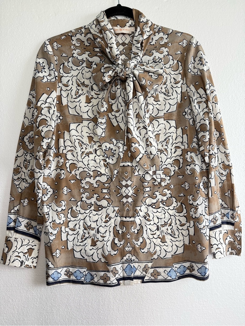 Tory Burch Silk Tie Neck Button Down Floral Tunic Blouse Taupe Cream Size 4